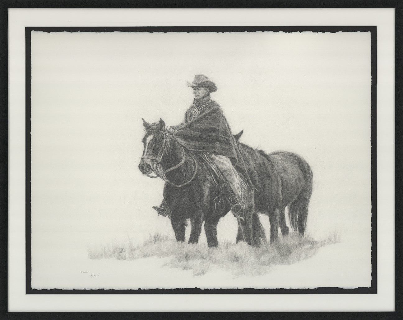Graphite drawing of gaucho Lucas on horse leading a pony—second study by Randy Wheeler