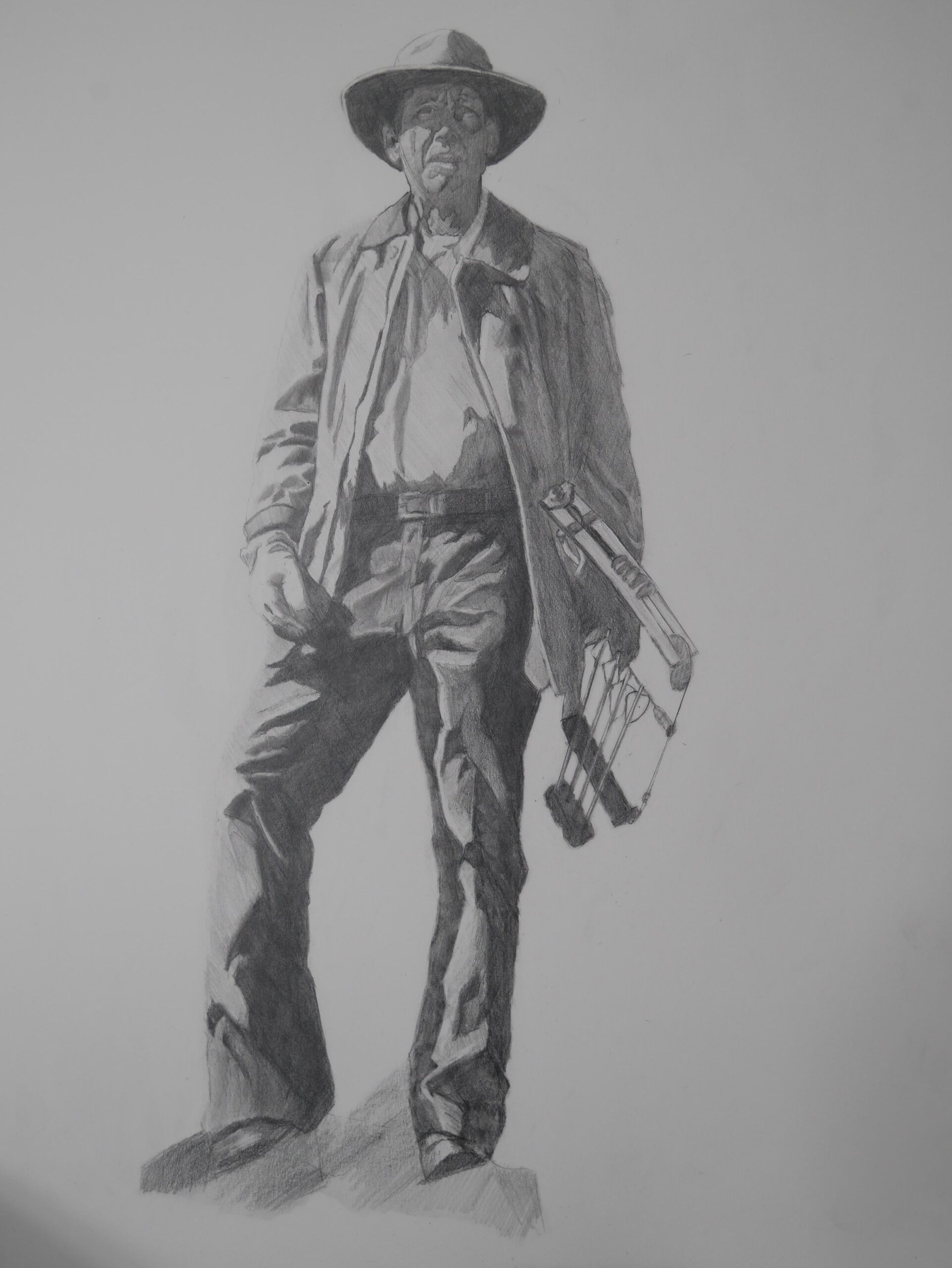Graphite study of gaucho with hat and shotgun—‘RW Study for Tres Amigos’ by Randy Wheeler