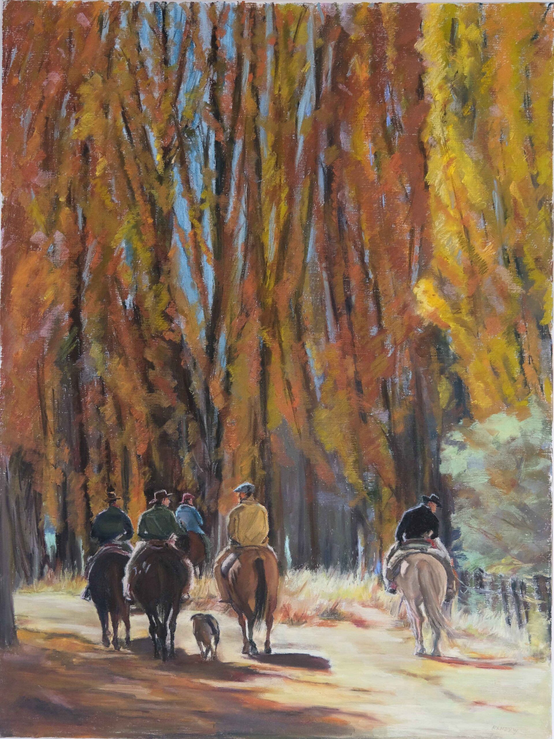 Pastel painting of gauchos riding through tall autumn poplars—‘Riders in the Poplars’ by Randy Wheeler