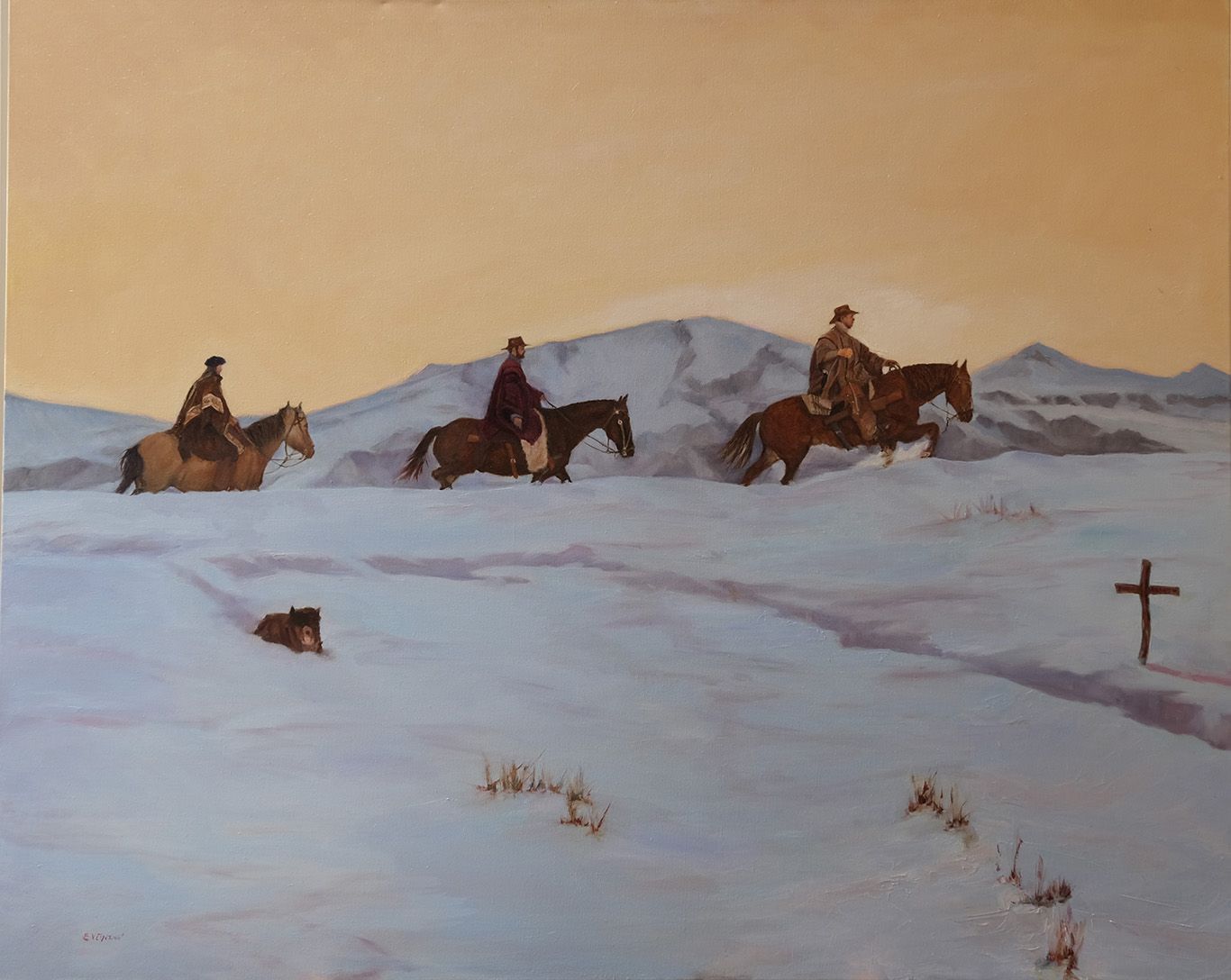 Oil painting of three gauchos riding across snowy Patagonia at dusk with a dog and wooden cross—‘Evening’ by Randy Wheeler