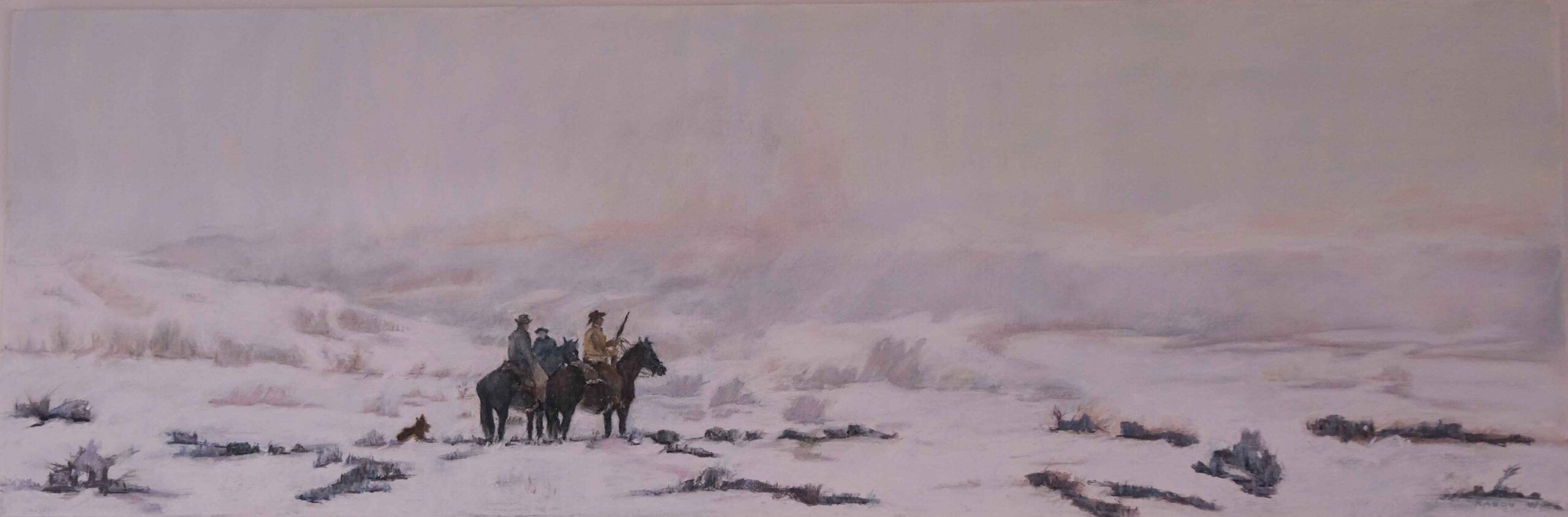 Pastel painting of three gauchos on horseback in sweeping Patagonian snowstorm—‘Riders in Snow Storm’ by Randy Wheeler