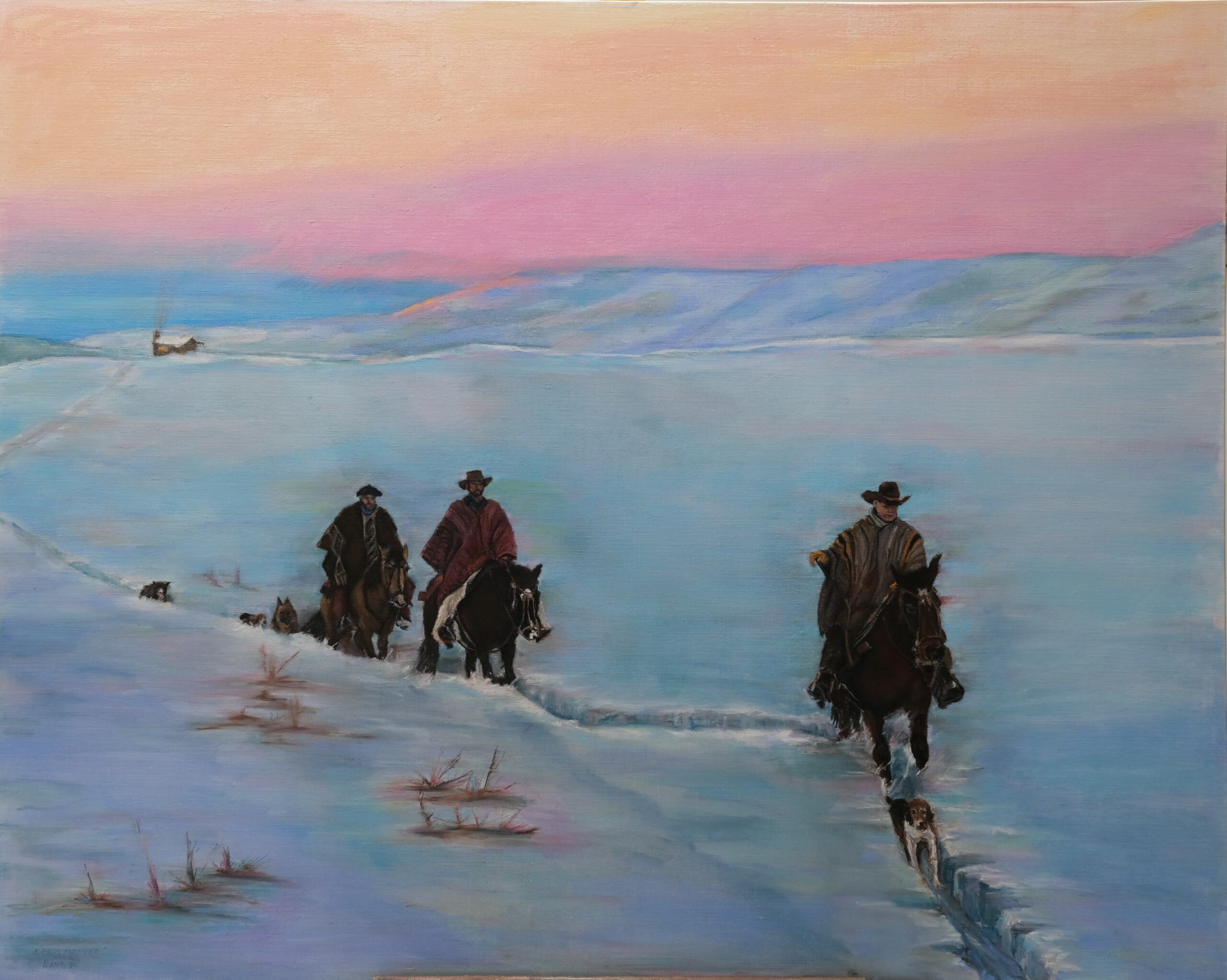 Pastel painting of gauchos on horseback crossing snowy plain at sunrise—‘Early Morning’ by artist Randy Wheeler