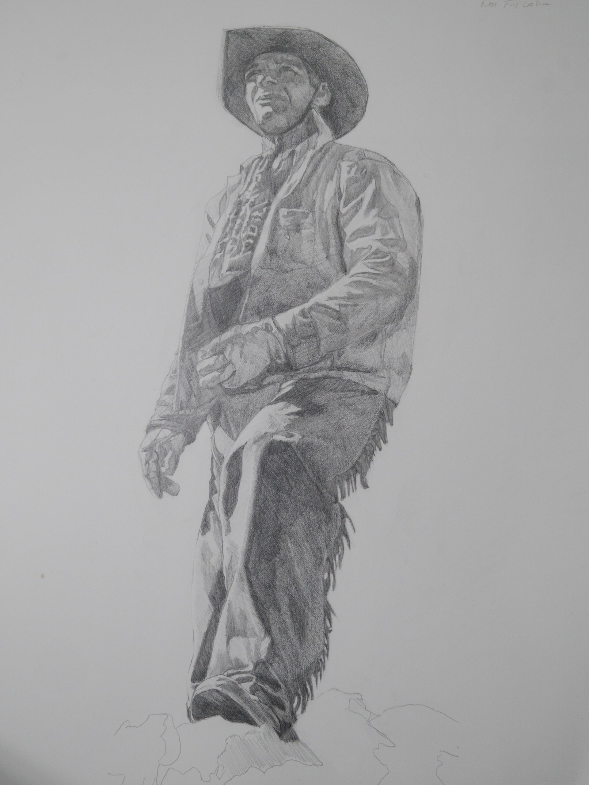 Graphite study of gaucho Lucas striding forward—preparatory drawing for Tres Amigos by Randy Wheeler