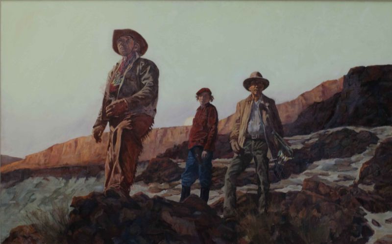 Oil painting of three gauchos in chaps and hats standing on a rocky Patagonian canyon ridge at sunset, by Western artist Randy Wheeler