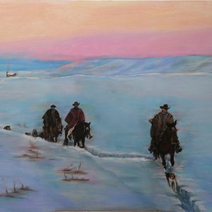 Pastel painting of gauchos on horseback crossing snowy plain at sunrise—‘Early Morning’ by artist Randy Wheeler