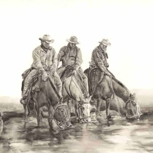 Liquid-charcoal painting of three gauchos watering horses at a pond with a dog—‘Horses Drinking’ by Randy Wheeler