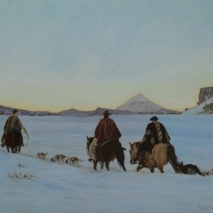 Oil painting of three gauchos on horseback with dogs crossing snowy Patagonia at sunset—‘Late Afternoon’ by Randy Wheeler