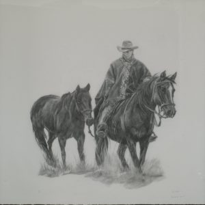 Graphite study of gaucho on horse leading a pony—‘Lucas Leading a Pony’ first study by Randy Wheeler