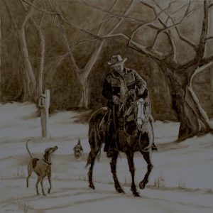 Sepia oil painting of gaucho on horseback with dogs in snowy forest—‘Lucas at Tipiluke’ by Randy Wheeler