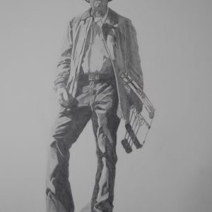 Graphite study of gaucho with hat and shotgun—‘RW Study for Tres Amigos’ by Randy Wheeler