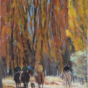 Pastel painting of gauchos riding through tall autumn poplars—‘Riders in the Poplars’ by Randy Wheeler