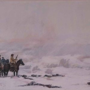 Pastel painting of three gauchos on horseback in sweeping Patagonian snowstorm—‘Riders in Snow Storm’ by Randy Wheeler