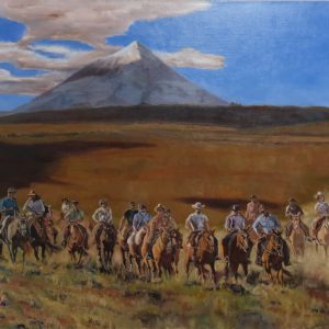 Panoramic oil painting of gauchos riding horses under Lanín Volcano, Patagonia—by artist Randy Wheeler