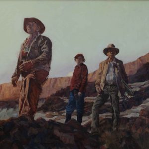 Oil painting of three gauchos in chaps and hats standing on a rocky Patagonian canyon ridge at sunset, by Western artist Randy Wheeler