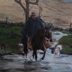 Oil painting of gaucho in black poncho on horseback crossing stream with dogs—‘Black Poncho’ by Randy Wheeler