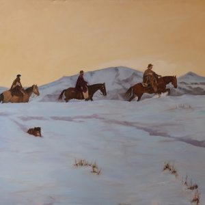 Oil painting of three gauchos riding across snowy Patagonia at dusk with a dog and wooden cross—‘Evening’ by Randy Wheeler