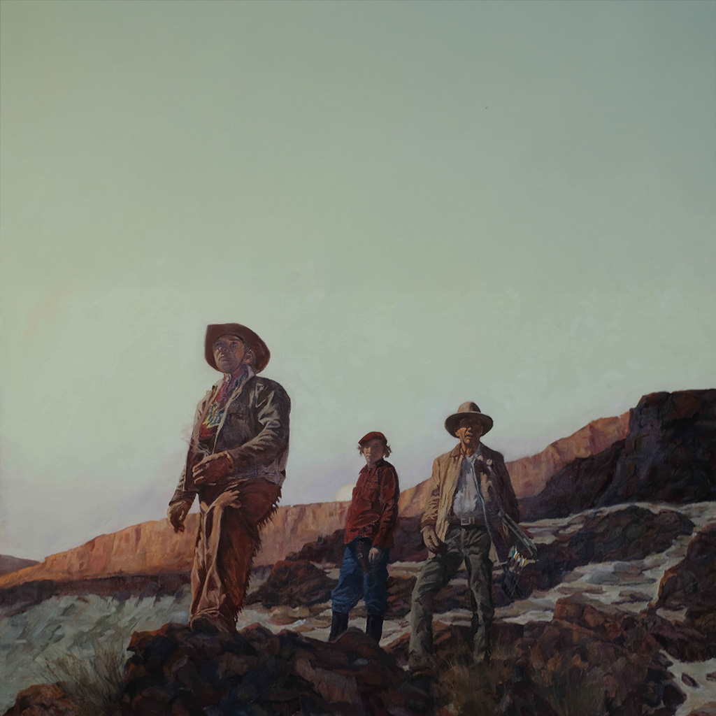 Pastel painting of gauchos riding through tall autumn poplars—‘Riders in the Poplars’ by Randy Wheeler